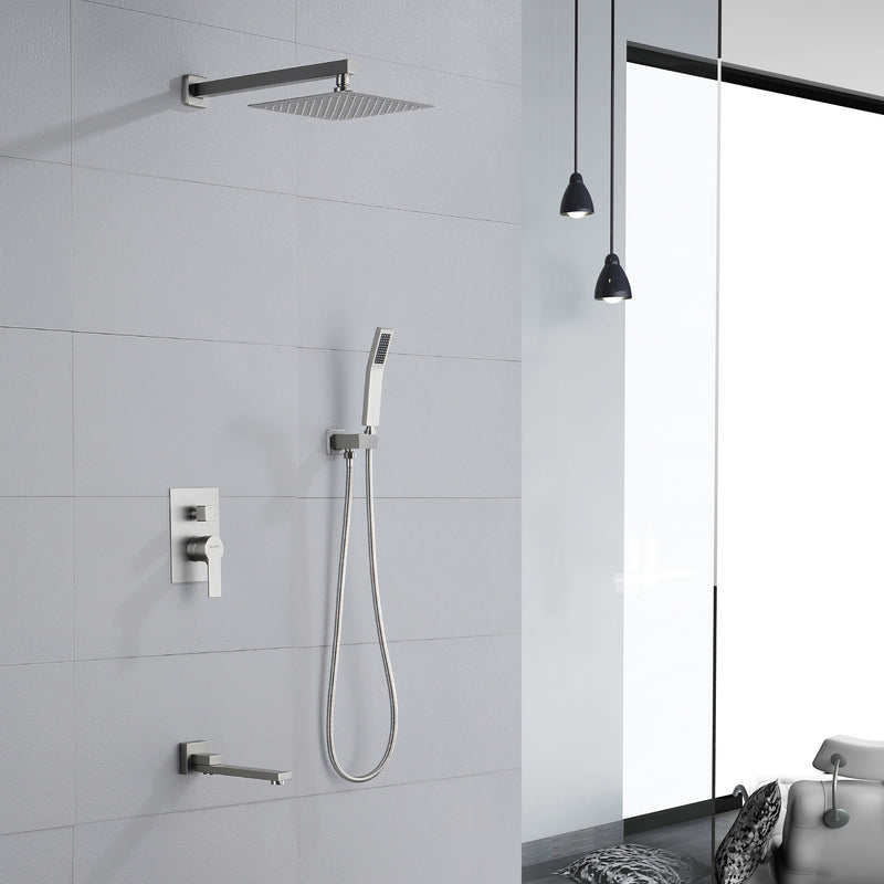 3-Way Bath and Shower Faucet 12" Rainfall Shower Head Faucet with Handheld Spray & 180 Degree Swivel Tub Spout Tap