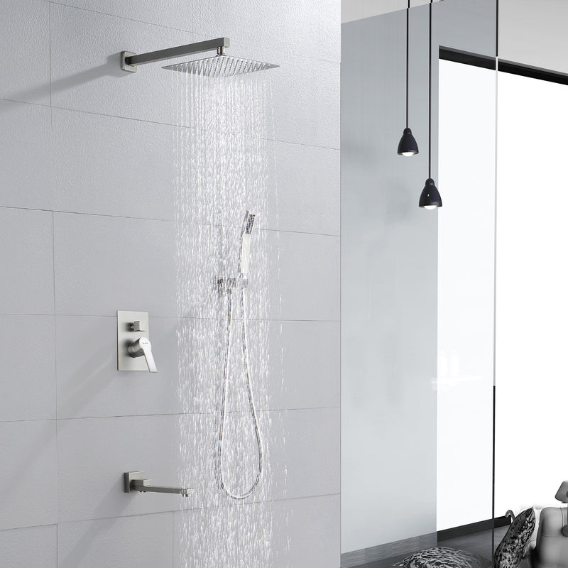 3-Way Bath and Shower Faucet 12" Rainfall Shower Head Faucet with Handheld Spray & 180 Degree Swivel Tub Spout Tap