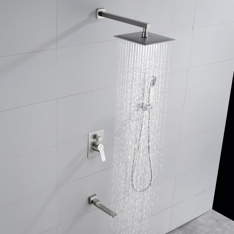 3-Way Bath and Shower Faucet 12" Rainfall Shower Head Faucet with Handheld Spray & 180 Degree Swivel Tub Spout Tap