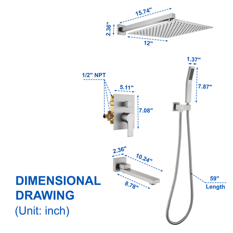 3-Way Bath and Shower Faucet 12" Rainfall Shower Head Faucet with Handheld Spray & 180 Degree Swivel Tub Spout Tap