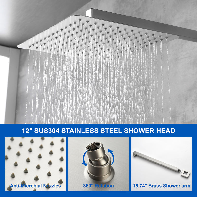 3-Way Bath and Shower Faucet 12" Rainfall Shower Head Faucet with Handheld Spray & 180 Degree Swivel Tub Spout Tap