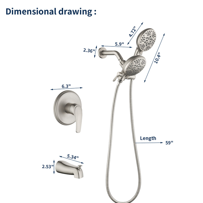 Shower Faucets Sets Complete with Tub Spout & Valve, 7 Modes Dual 2-in-1 High Pressure Rain & Handheld Shower Head System with 3-Way Water Diverter & Shower Trim Kit