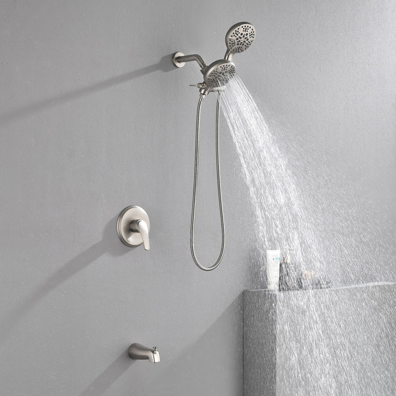 Shower Faucets Sets Complete with Tub Spout & Valve, 7 Modes Dual 2-in-1 High Pressure Rain & Handheld Shower Head System with 3-Way Water Diverter & Shower Trim Kit