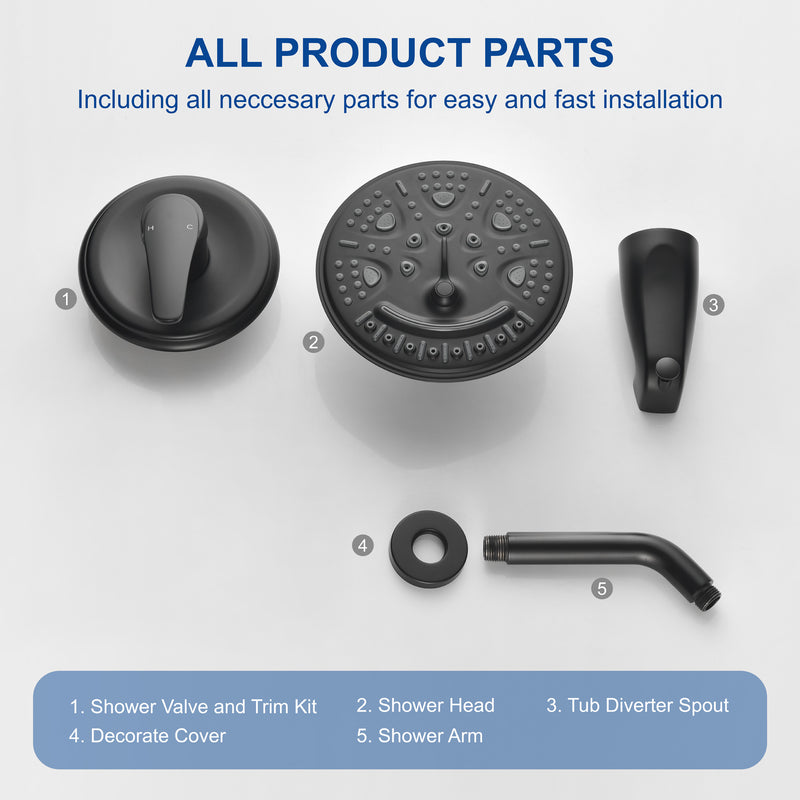 Tub and Shower Trim Kit with 8 Inches 6-mode Shower Head, Wall Mounted Rainfall Shower Combo Set with Diverter Tub Spout