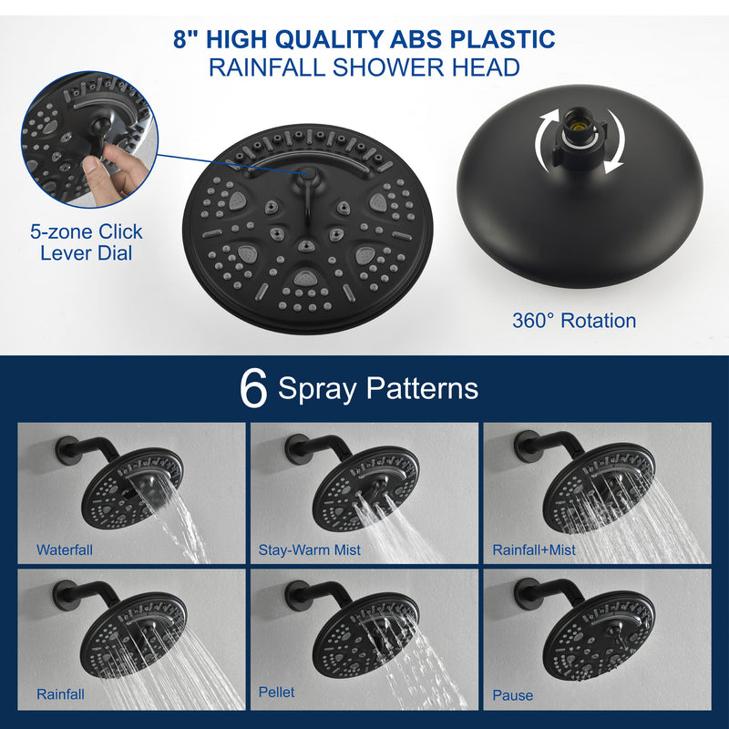Tub and Shower Trim Kit with 8 Inches 6-mode Shower Head, Wall Mounted Rainfall Shower Combo Set with Diverter Tub Spout