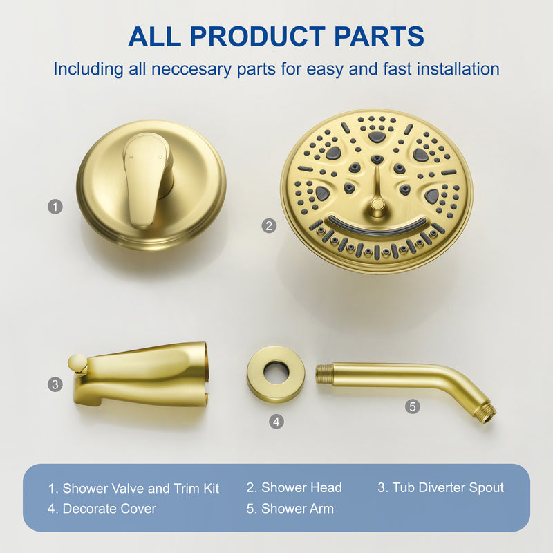 Tub and Shower Trim Kit with 8 Inches 6-mode Shower Head, Wall Mounted Rainfall Shower Combo Set with Diverter Tub Spout