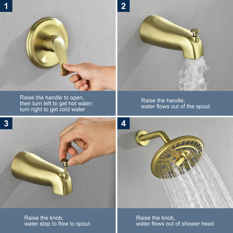 Tub and Shower Trim Kit with 8 Inches 6-mode Shower Head, Wall Mounted Rainfall Shower Combo Set with Diverter Tub Spout