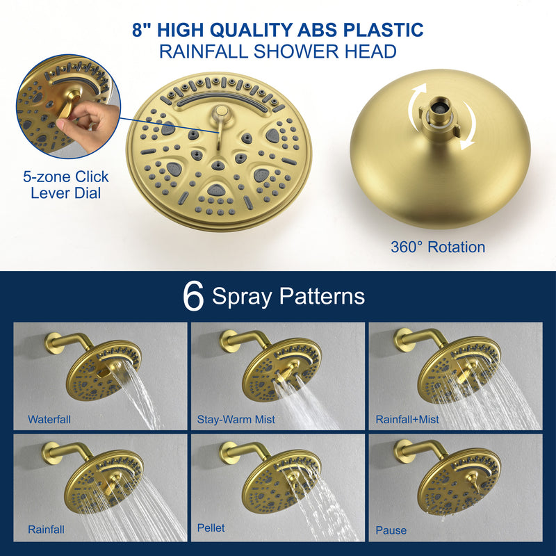 Tub and Shower Trim Kit with 8 Inches 6-mode Shower Head, Wall Mounted Rainfall Shower Combo Set with Diverter Tub Spout