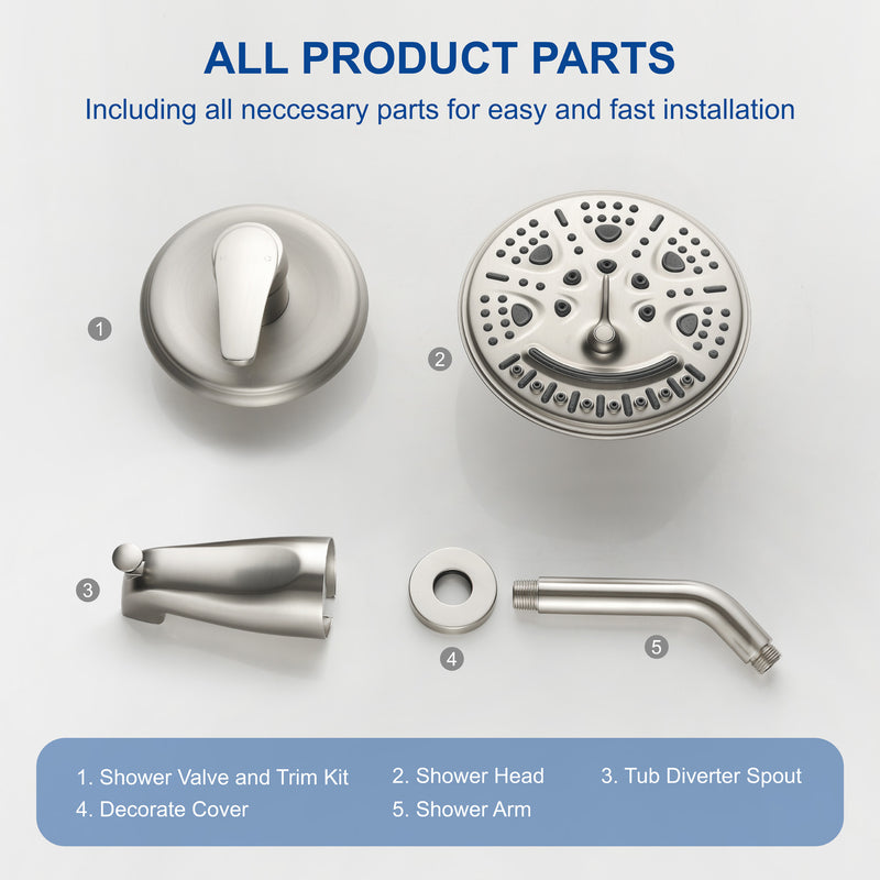 Tub and Shower Trim Kit with 8 Inches 6-mode Shower Head, Wall Mounted Rainfall Shower Combo Set with Diverter Tub Spout
