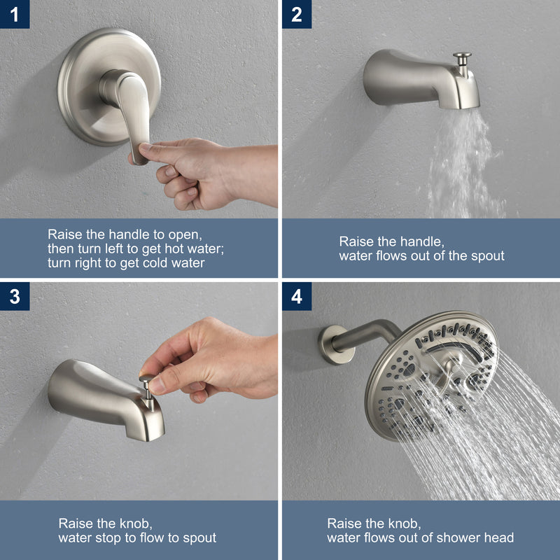 Tub and Shower Trim Kit with 8 Inches 6-mode Shower Head, Wall Mounted Rainfall Shower Combo Set with Diverter Tub Spout
