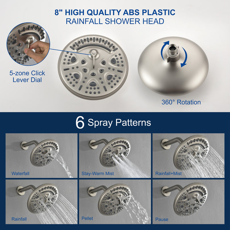Tub and Shower Trim Kit with 8 Inches 6-mode Shower Head, Wall Mounted Rainfall Shower Combo Set with Diverter Tub Spout